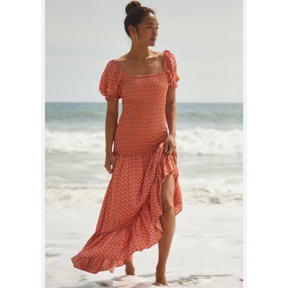 LSpace Simone Daisy Off The Shoulder Smocked Floral Midi Dress Orange Motif - Picture 1 of 9